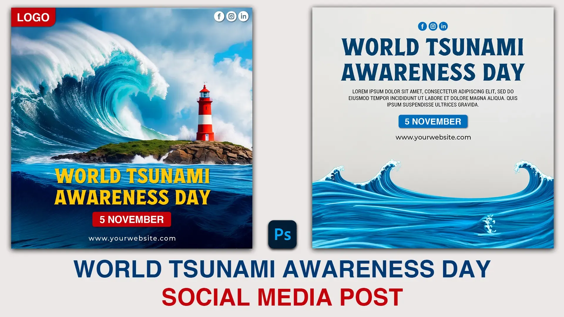 World Tsunami Awareness Day Instagram Post with Lighthouse and Ocean Wave